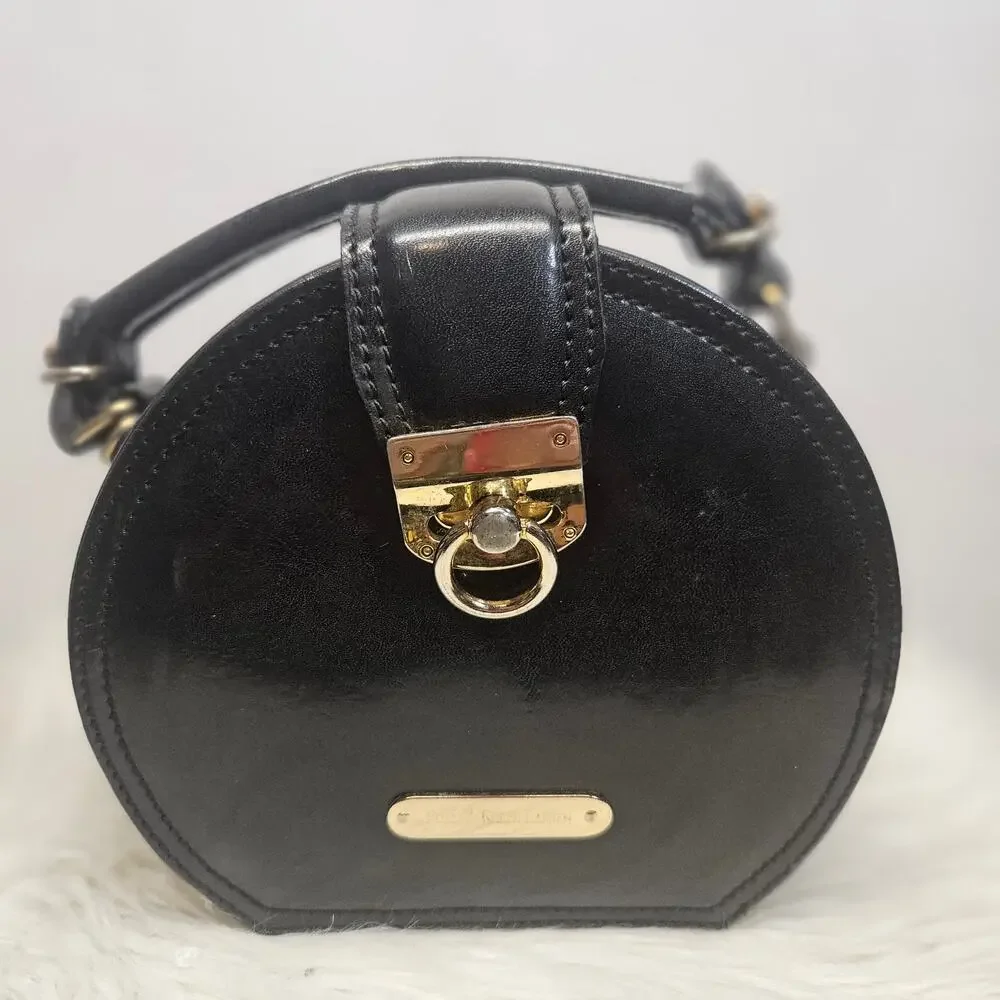 Y2k Polo Ralph Lauren Black Leather Round Vanity Top Handle Bag Hat Box Purse